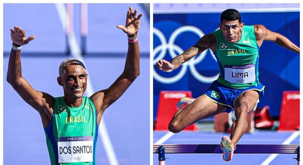 Alison dos Santos, com cabelo roxo, e Matheus Lima avançam à semi dos 400m com barreiras